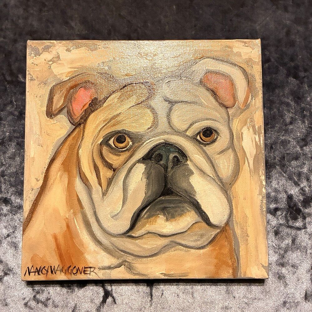 Bulldog painting on canvas, by artist Nancy Waggoner in different shades of tan.